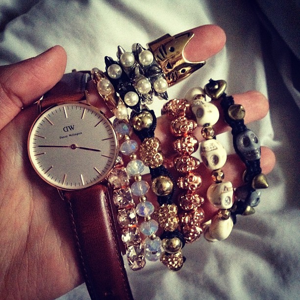 Some bracelets and my Daniel Wellington watch. 