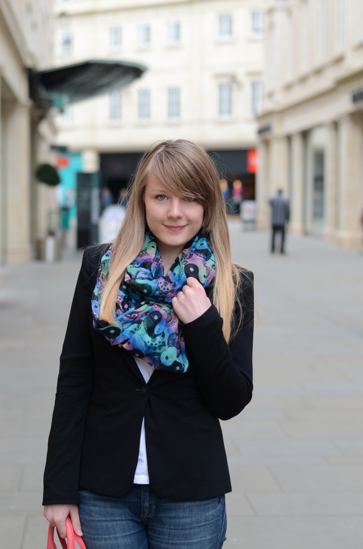 black-blazer-rainbow-scarf