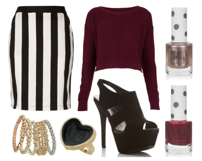 black white stripe skirt burgundy jumper topshop outfit