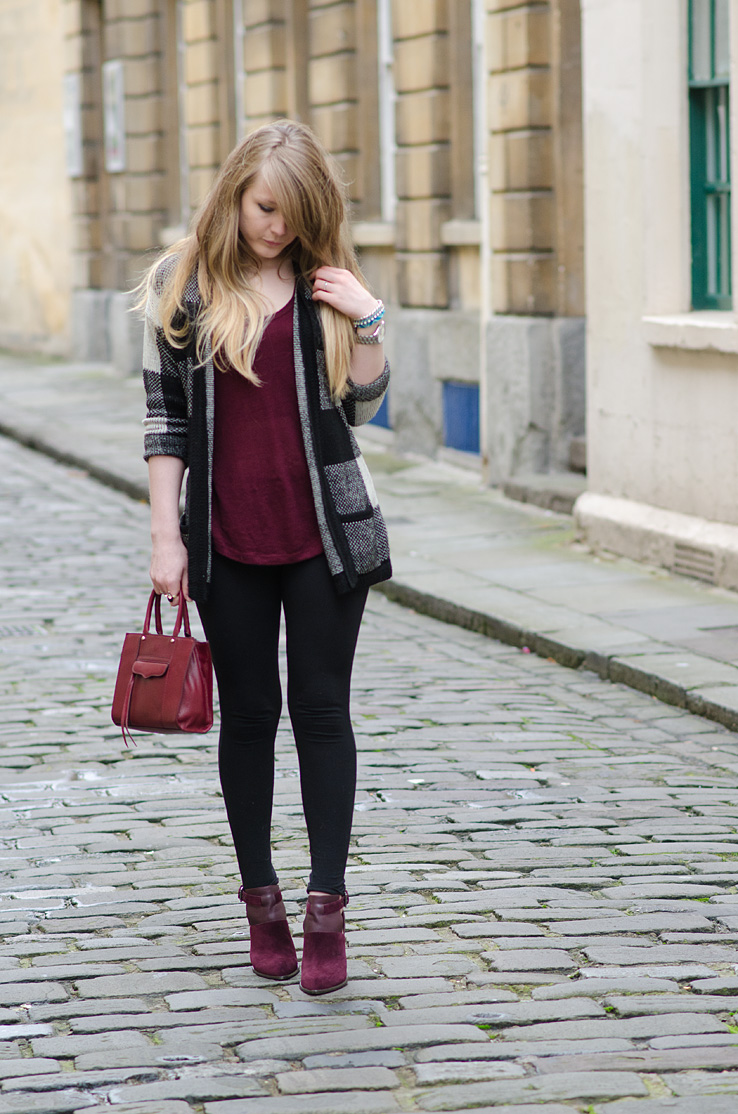 black leggings burgundy top