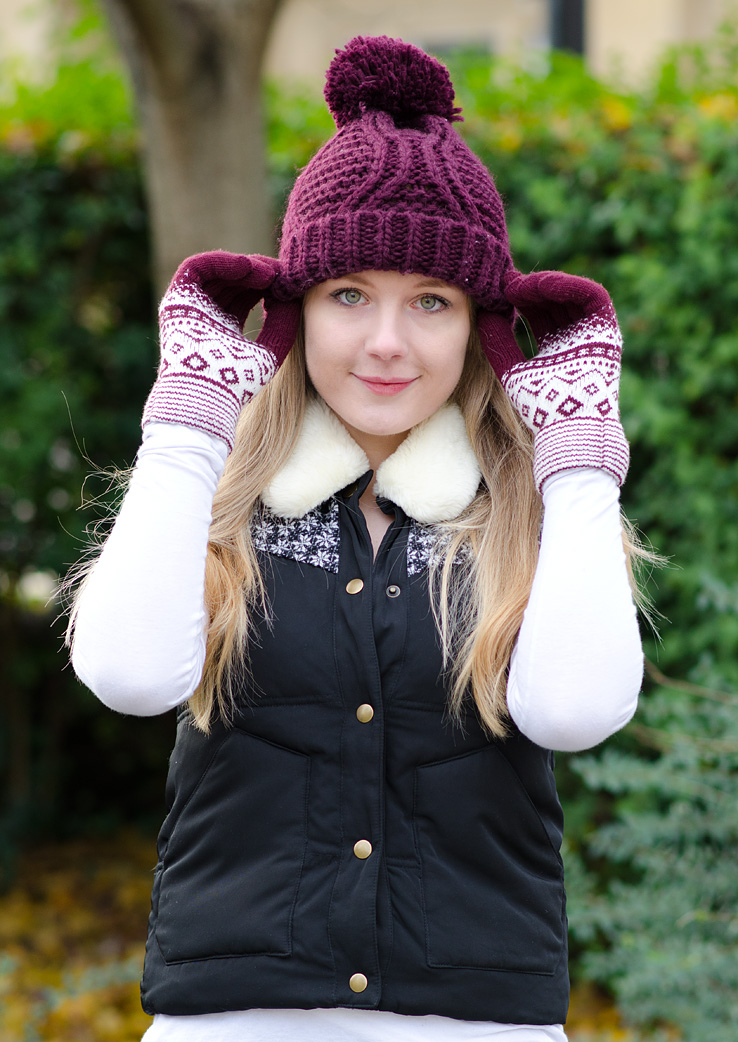 burgundy-fair-isle-gloves-bobble-hat