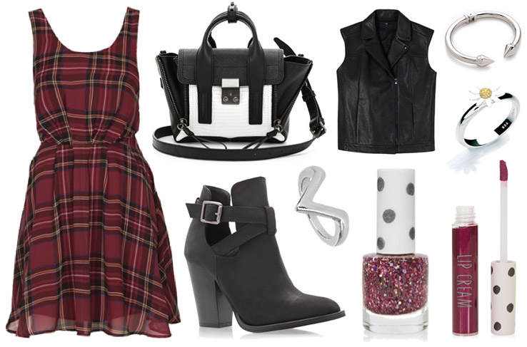 spring-outfit-raindrops-of-sapphire-tartan-dress-black-boots-bag